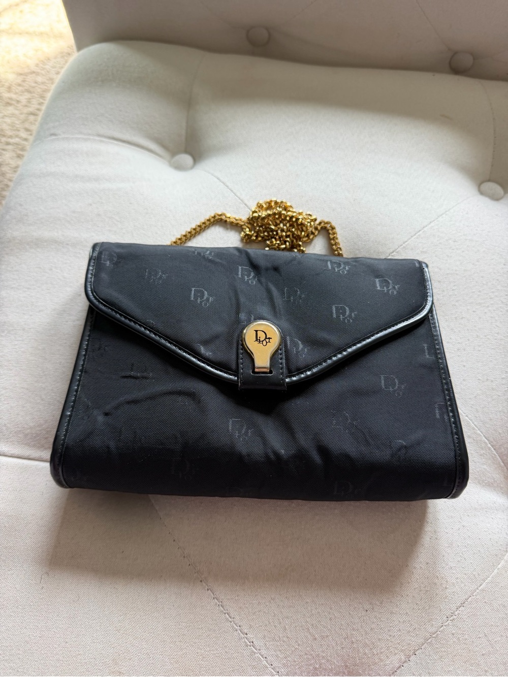 Authentic Dior Black Monogram Nylon Crossbody with Gold Chain